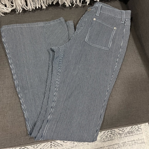 rock&roll denim navy and white pin strip high rise flare bottoms 28x34 - Picture 1 of 9